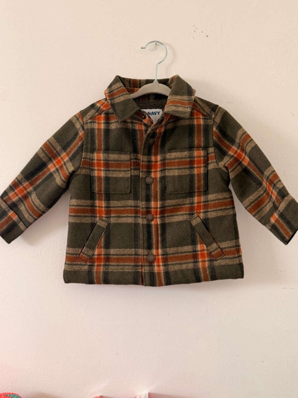 Old Navy Kids Plaid Pea Coat - Olive, Orange & Tan